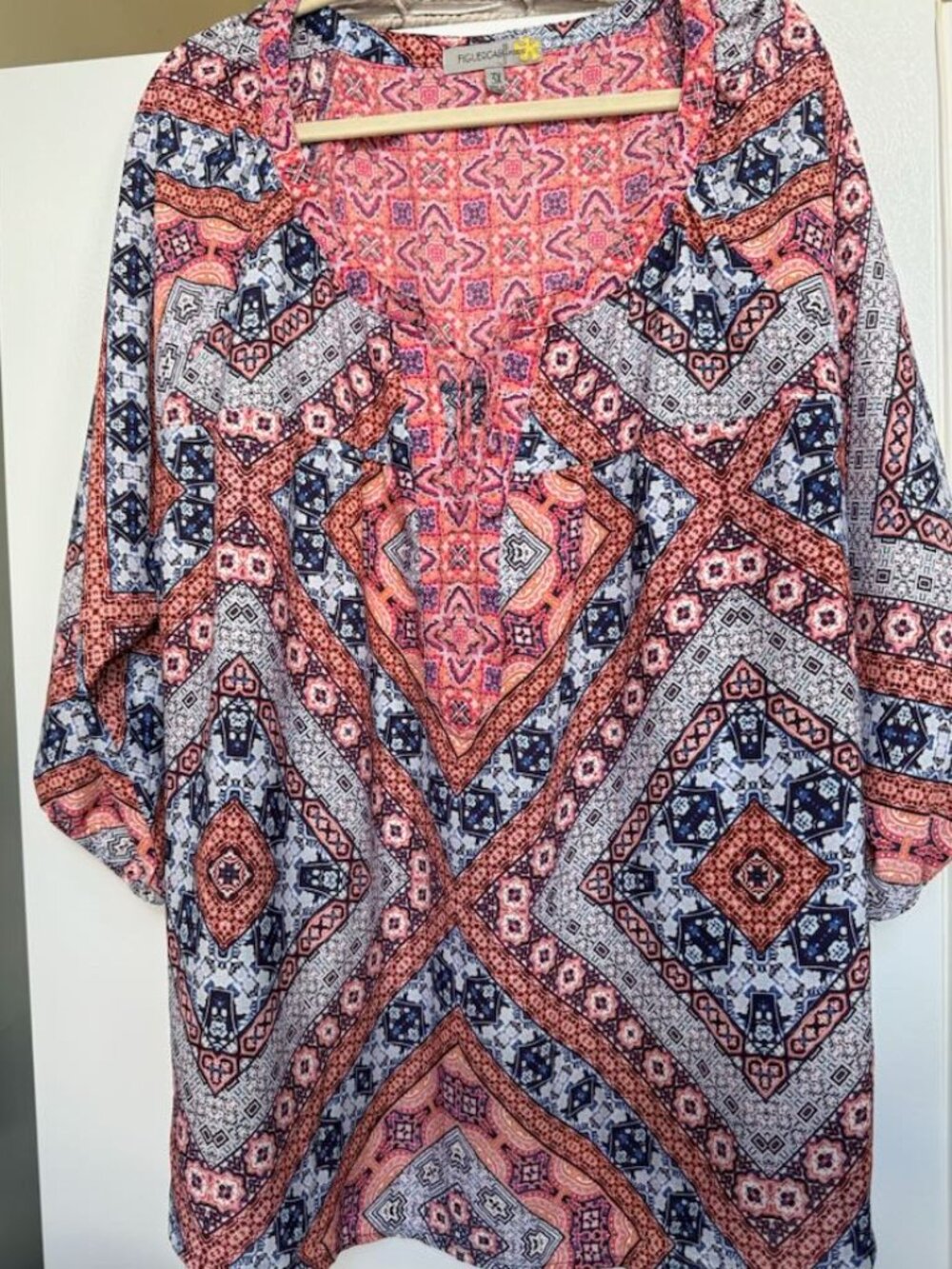 Figueroa & Flower Multicolor Boho Lace Back 3/4 Sleeve Blouse XL
